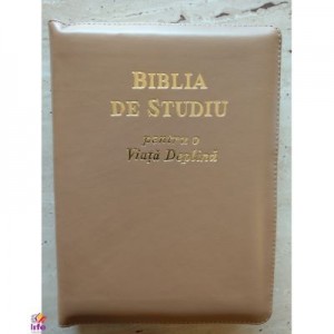 Biblia de studiu pentru o viata deplina. Coperta din piele de culoare roz deschis, fermoar si index, LPI138